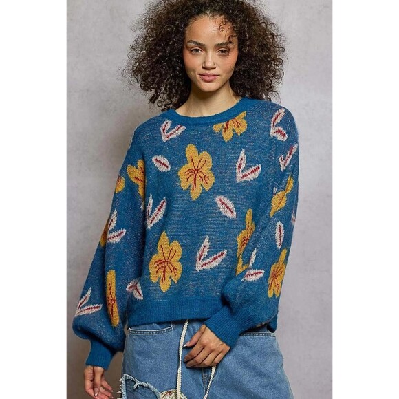 POL Floral Pattern Round Neck Balloon Sleeve Sweater Womens Size S-M-L-XL - Picture 1 of 5